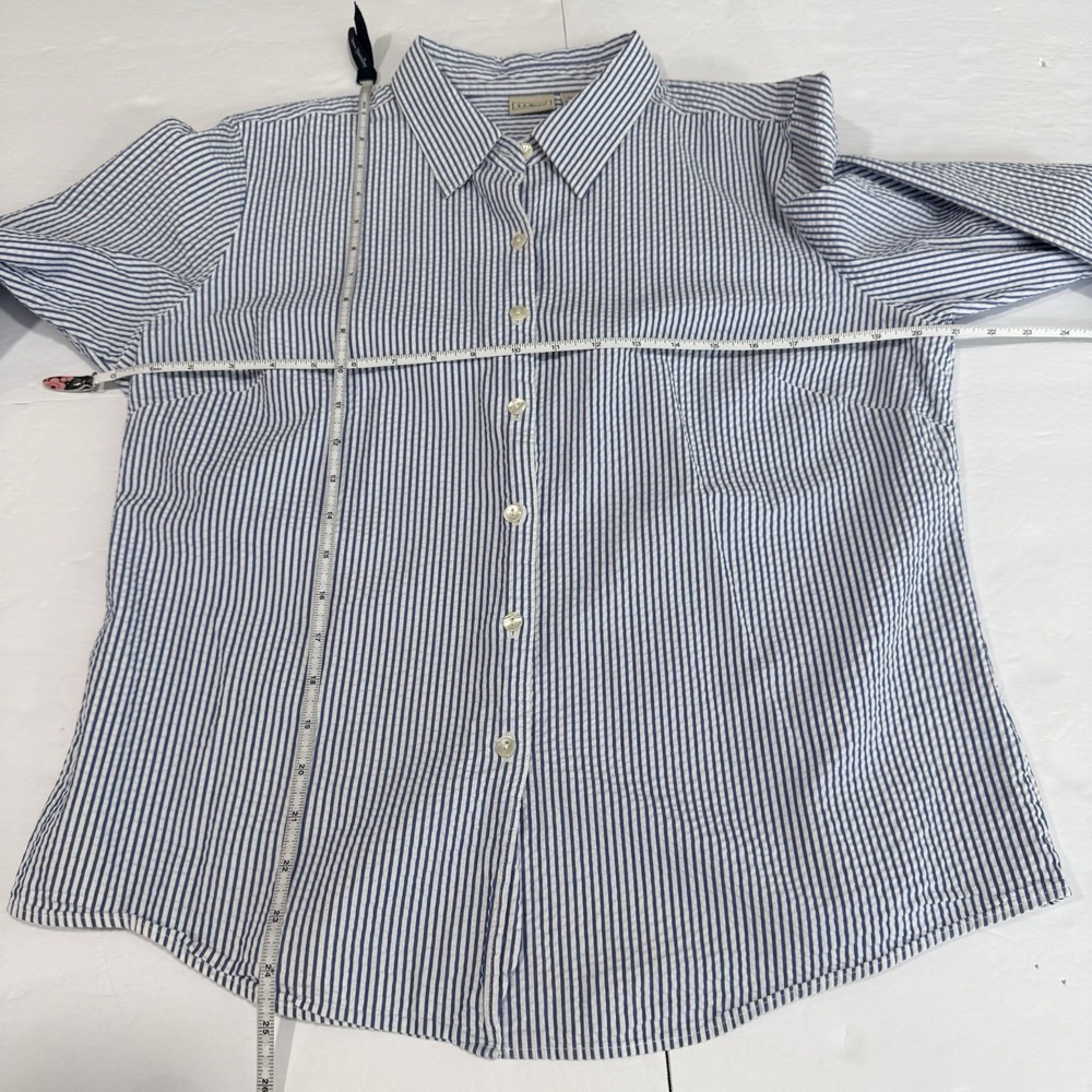 LL Bean Blue White Stripe 3/4 Sleeve‎ Button Up Cotton Seersucker Shirt LARGE - Picture 8 of 11